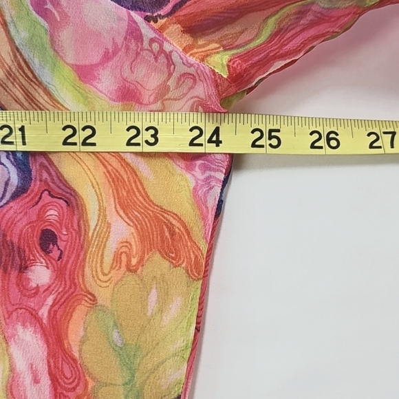 Vtg Carol Henry 70s Vibrant Marbled Sheer Button Up, LS, Large, Pink Blue Orange - Picture 9 of 10